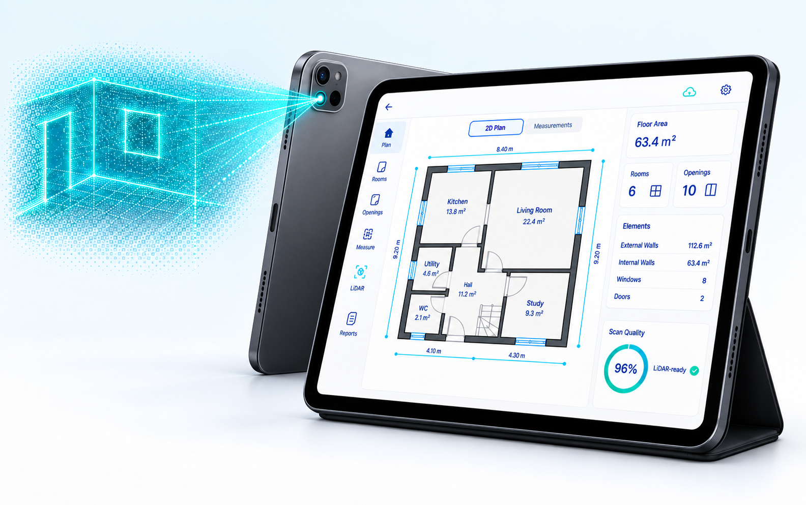 BER PRO 2D floor plan on an iPad Pro beside a rear view showing the LiDAR sensor scanning a room